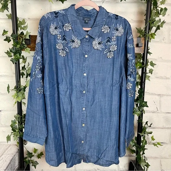 Blue Floral Embroidered Button-Up Shirt, 3X - Picture 2 of 15